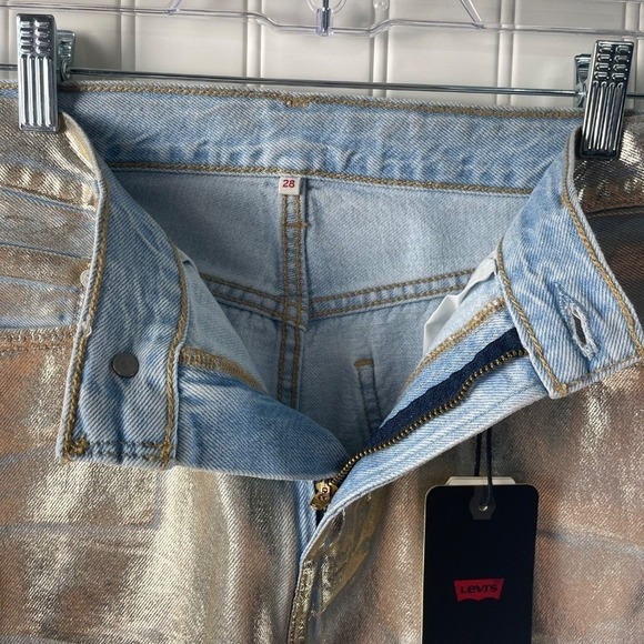 LEVI'S METALLIC GOLD REVOLVE DENIM MAXI SKIRT FRONT SLIT SZ 28 NWT - Picture 3 of 10